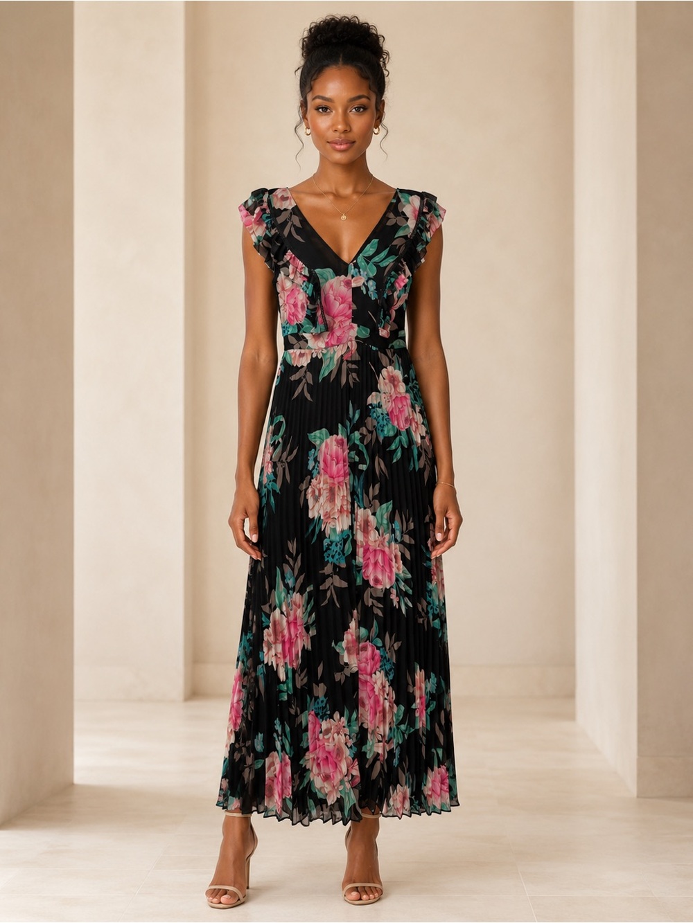 Eliza J Floral Pleated Maxi Dress Black Pink Size 8